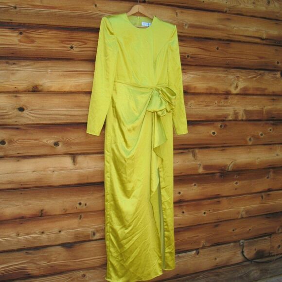 MAC DUGGAL  Chartreuse Long Sleeve Structured Bow Draped Gown 4 - Picture 6 of 13